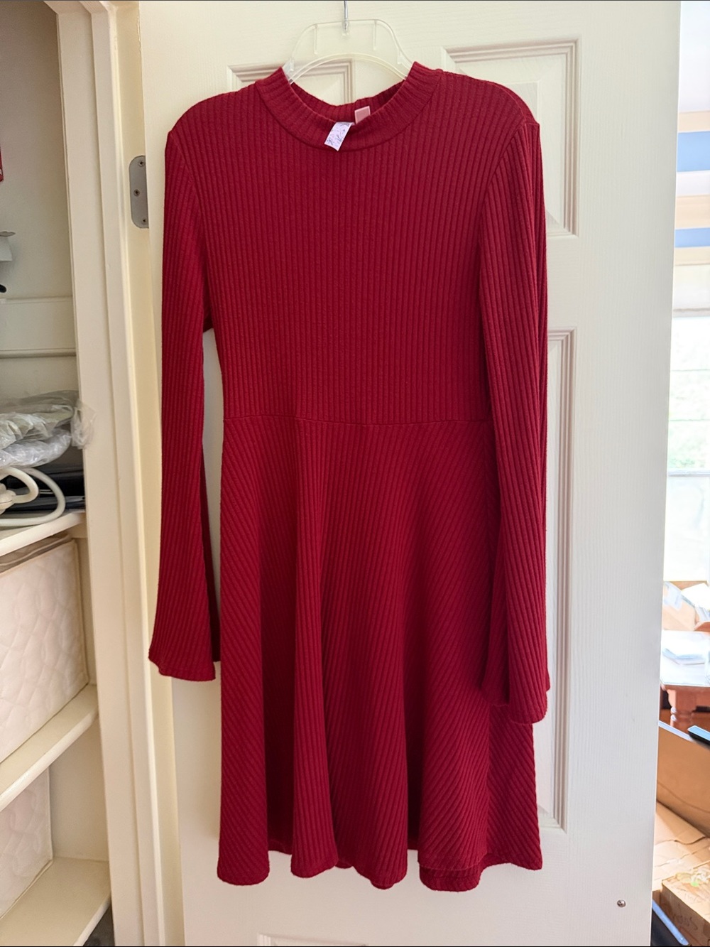 Women’s Red Ribbed Mini Dress with Long Sleeves